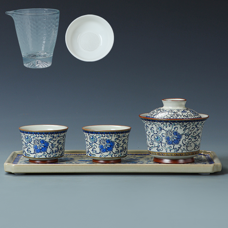 青花汝窑缠枝莲可悬停旋转三才盖碗功夫茶具家用泡茶器