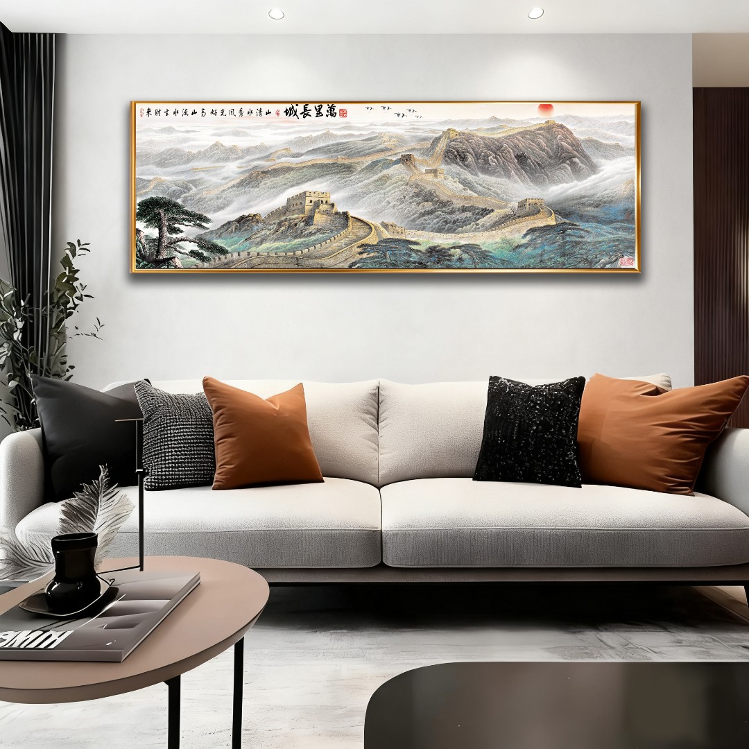 现代轻奢极简新中式万里长城国画客厅沙发背景餐厅卧室壁画J01