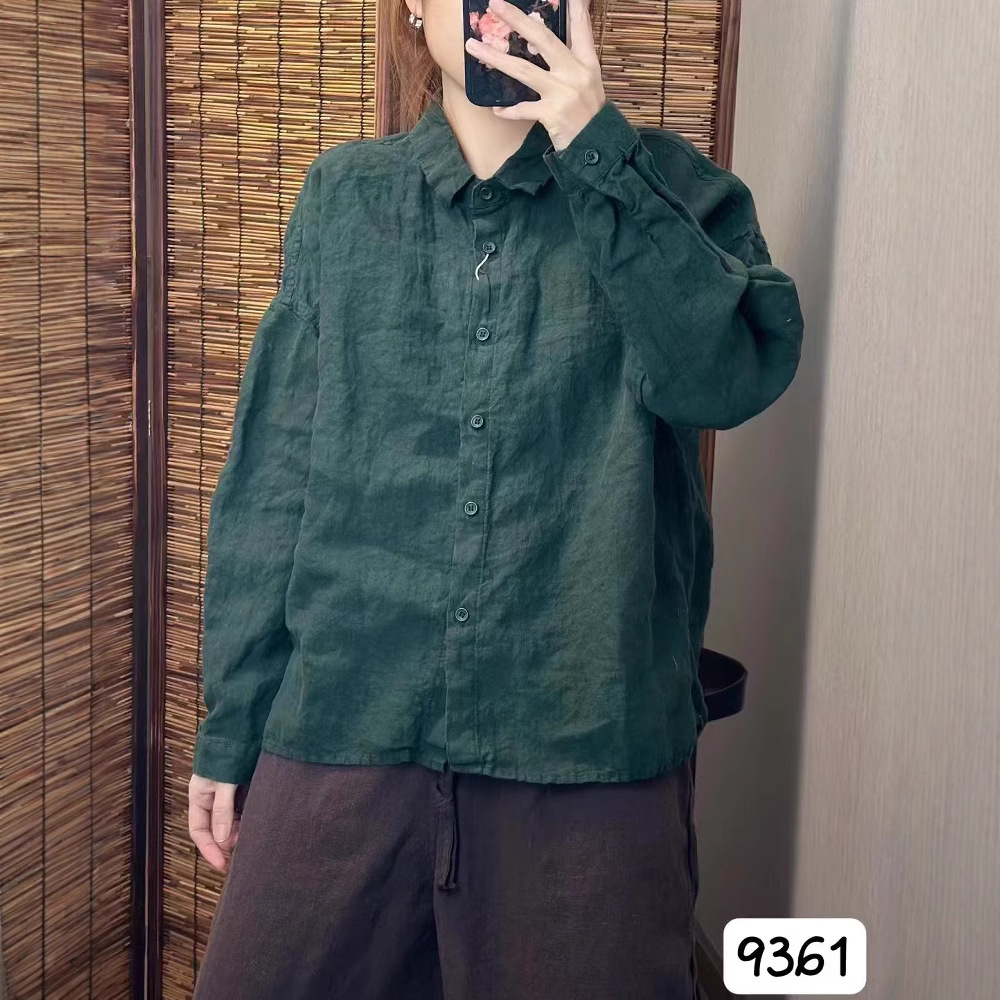 9361砂洗汉麻法式领子衬衫百搭衬衣休闲翻领纯色宽松长袖绿色时尚