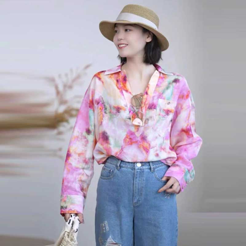 【商场同款】女装夏季宽松时尚V领水墨印花亚麻套头长袖衬衫5300724