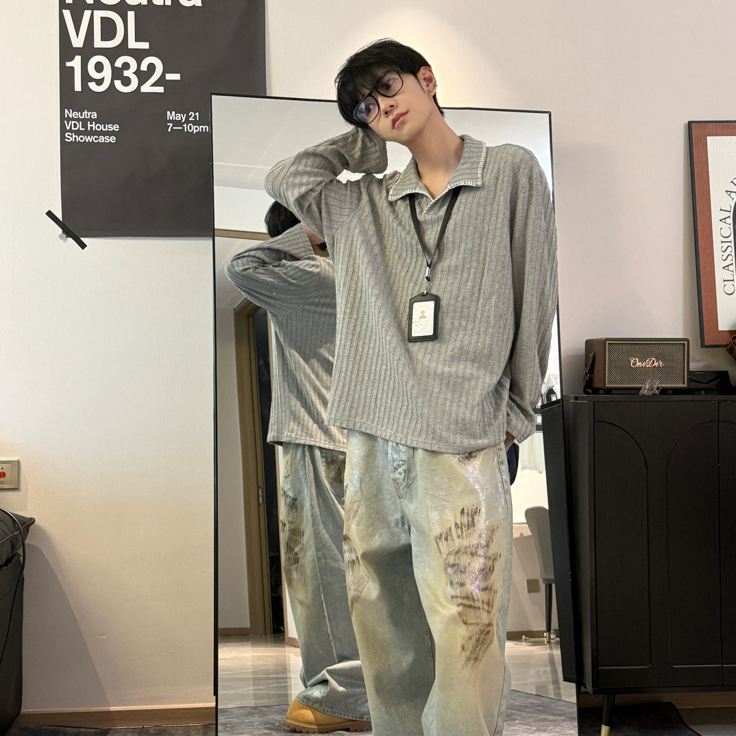 seven7studios休闲老钱风竖坑条宽松翻领针织衫
