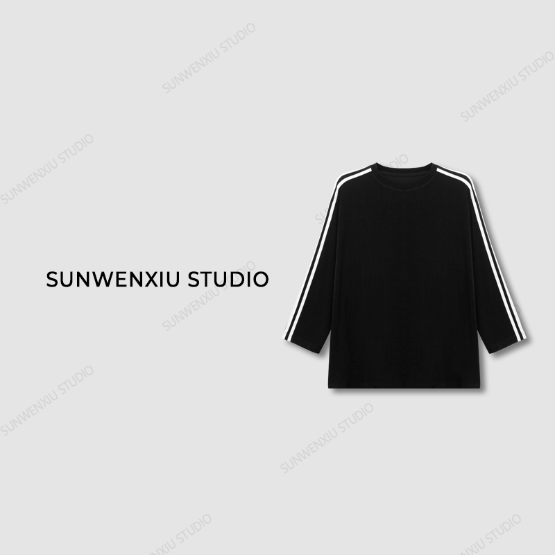swx studio2店 '三道杠”醋酸针织黑色休闲宽松大版运动风T恤