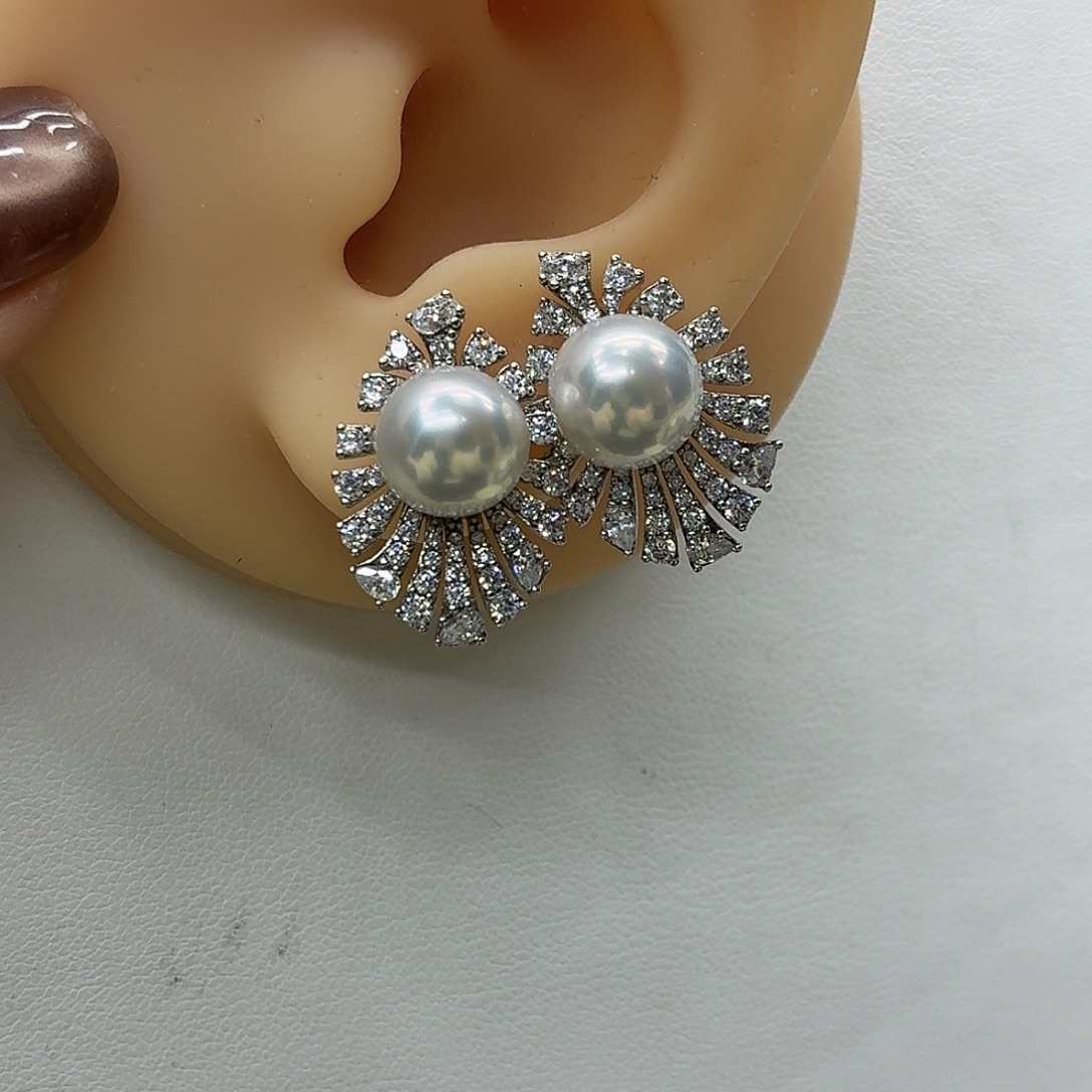 银珍珠耳钉羽毛款9-10