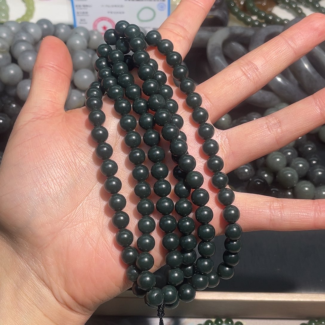和田玉未镶嵌手链和田玉子料沙枣青180颗卡8mm