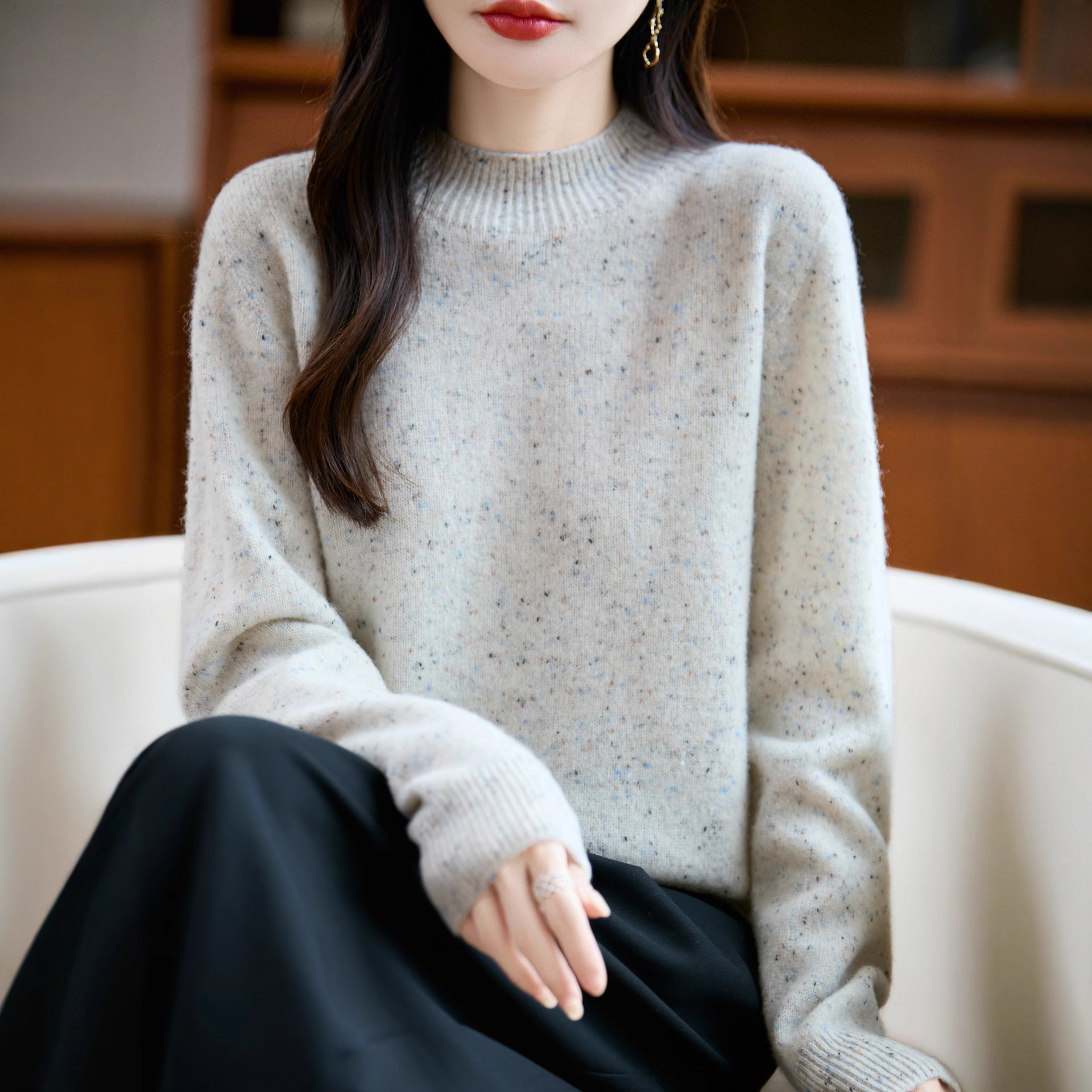 一线成衣100%羊毛半高领毛衫秋冬新款加厚上衣彩点保暖时髦缝