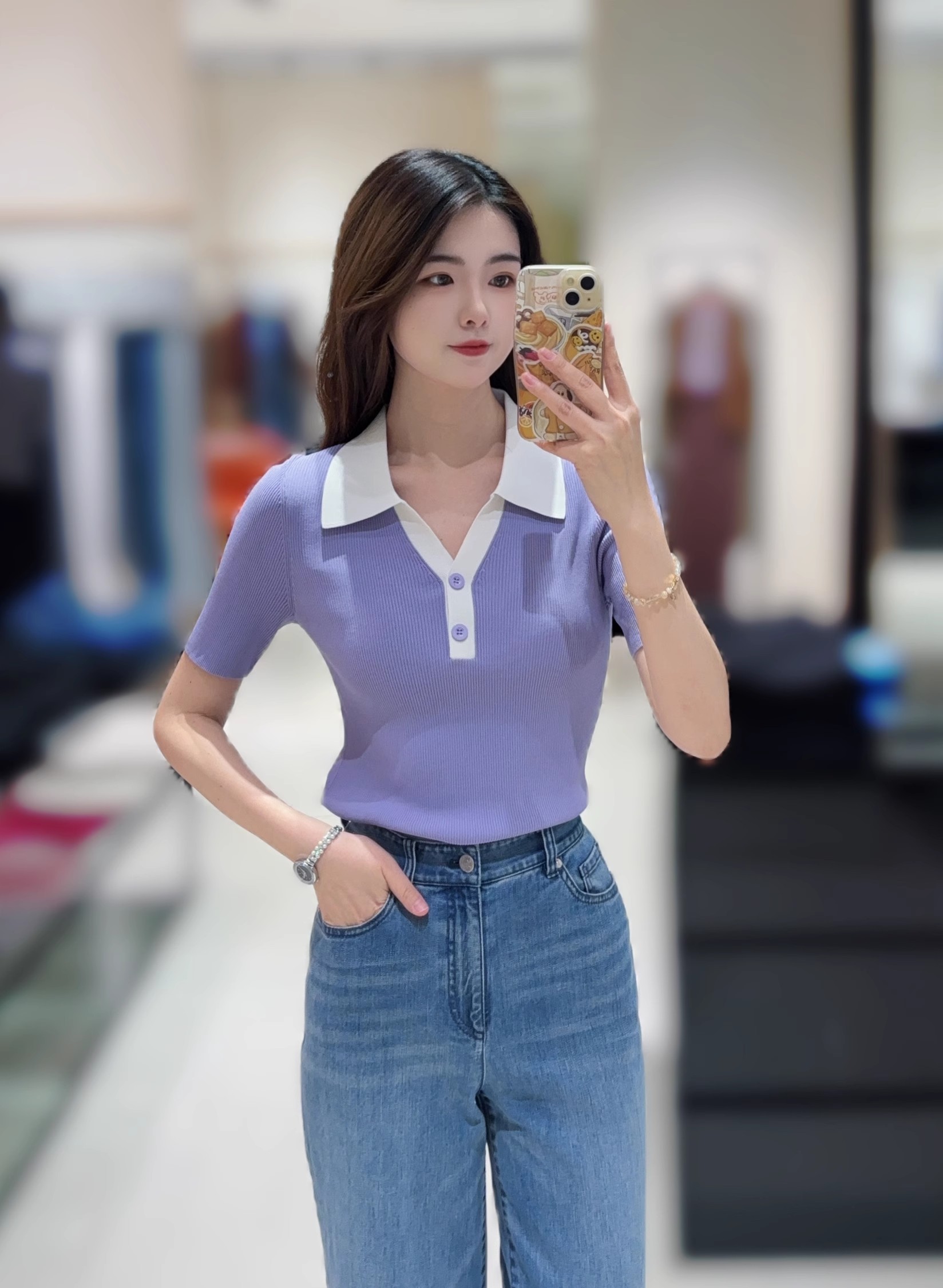 【商场同款】2025夏季新款Polo领撞色短袖t恤修身显瘦针织衫女上衣