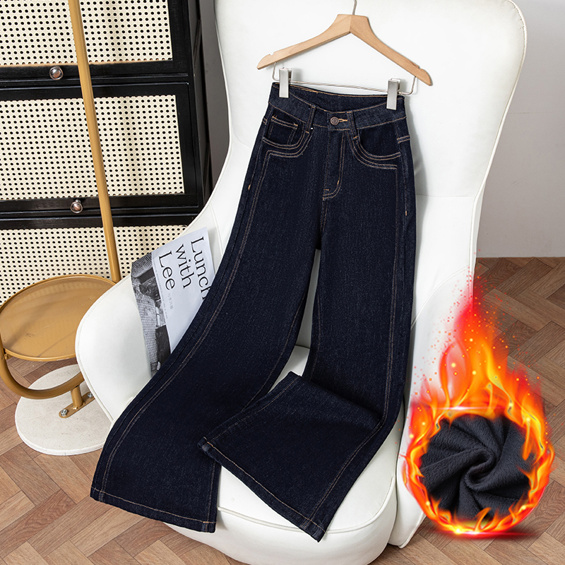 9635丹宁蓝微喇加绒牛仔裤女爆款2025新款深蓝色喇叭裤子女款秋款