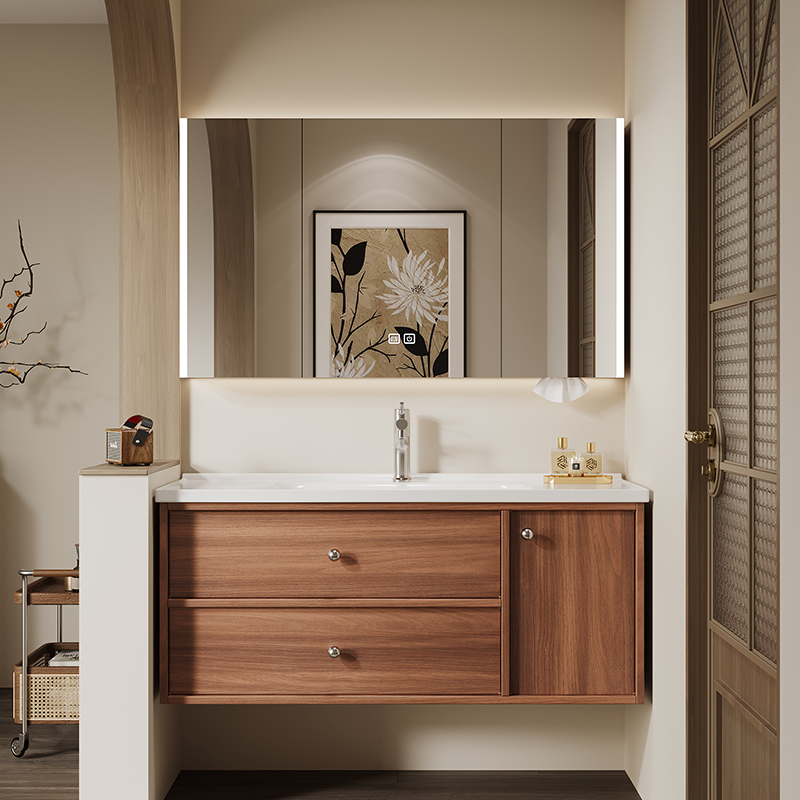 不锈钢胡桃色中古风卫生间柜一体陶瓷洗手脸盆防水防潮浴室柜组合