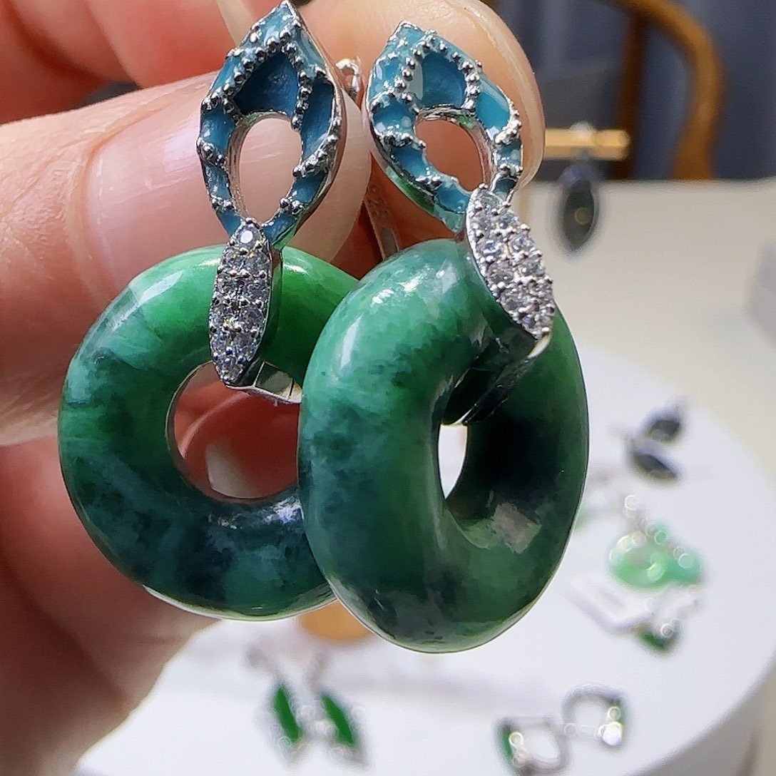 翡翠耳饰银S925镶嵌天然缅甸a货翡翠