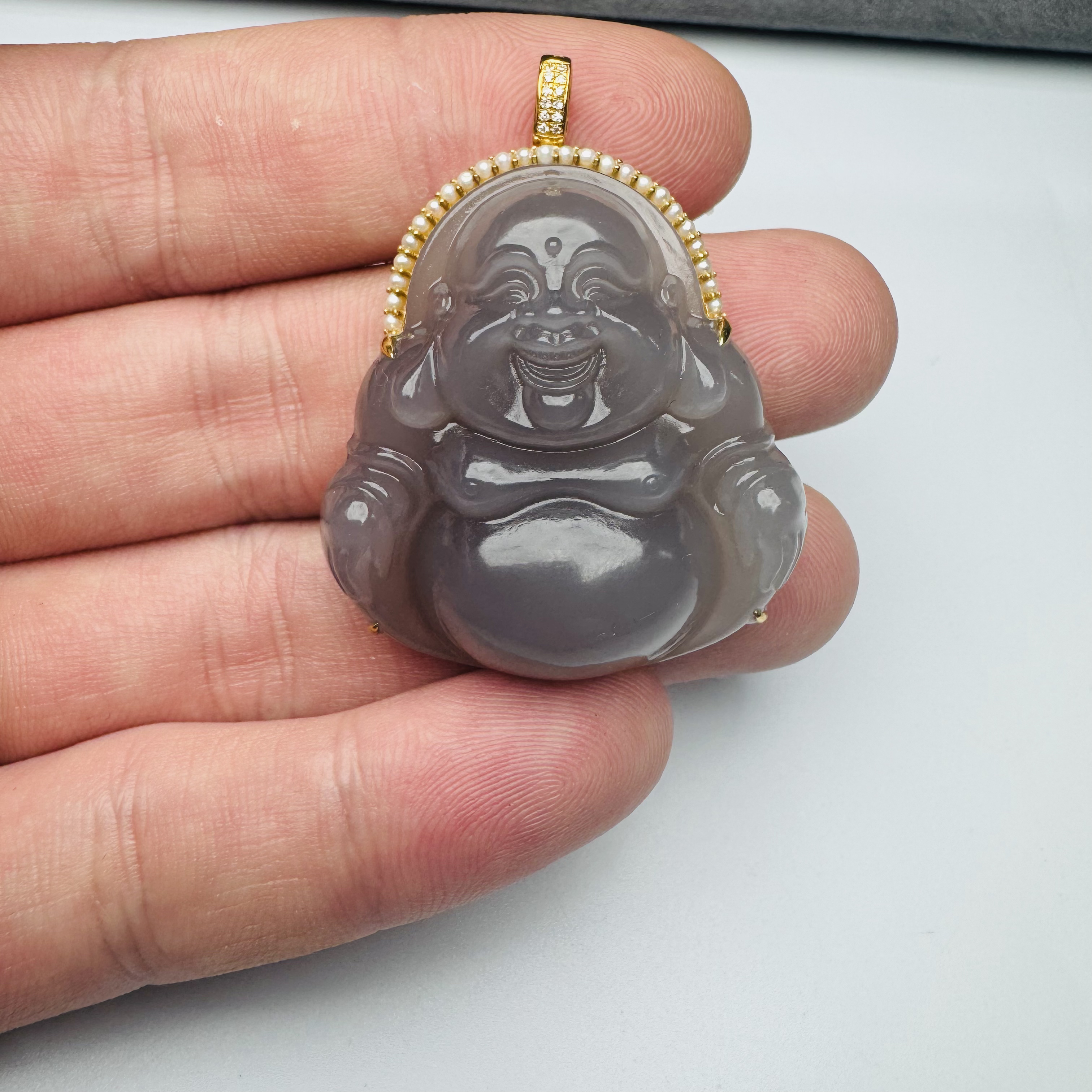 18k金镶和田玉大肚佛公吊坠/2696
