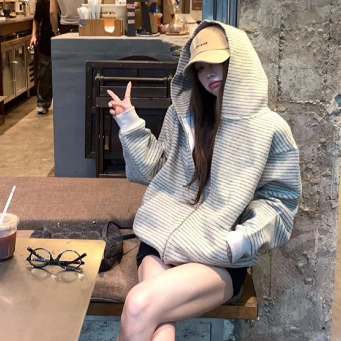 8856 美式复古条纹撞色韩系连帽卫衣
