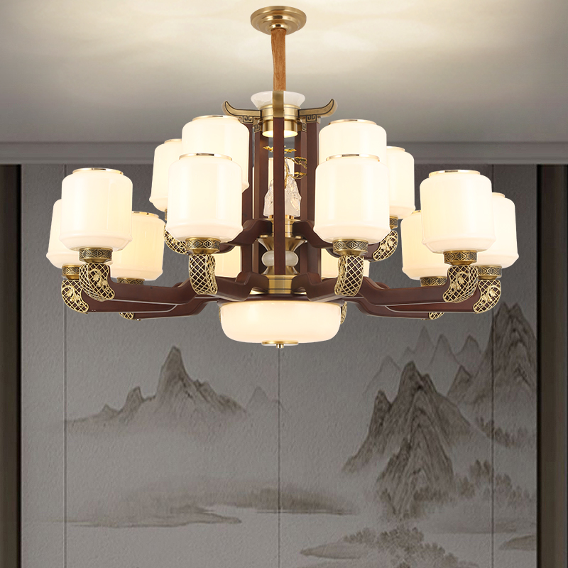 家用新中式吊灯全铜客厅灯天然真玉石大厅主灯餐厅灯中山大气轻奢