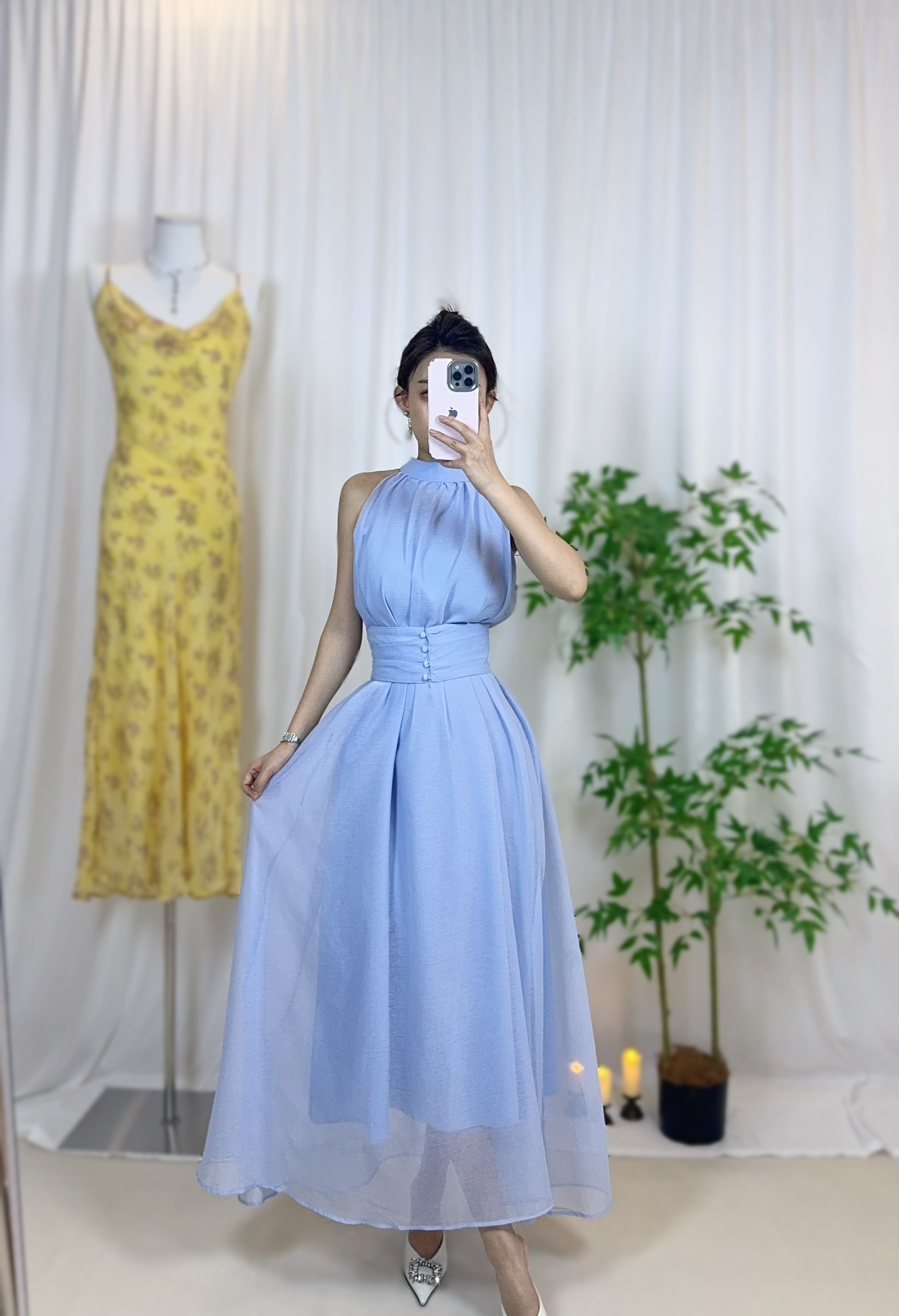 夏季长裙挂脖领无袖法式挂脖连衣裙蓝色气质修身
