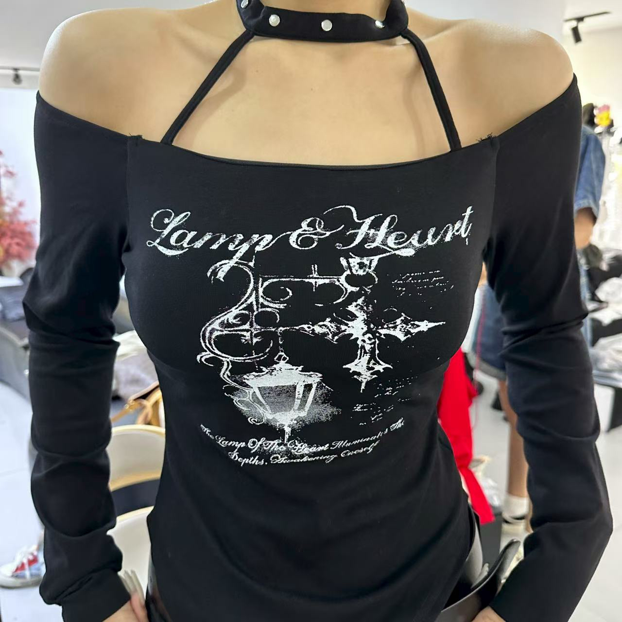 印花法式系带长袖常规舞服拉丁舞纯欲风T恤紧身百搭