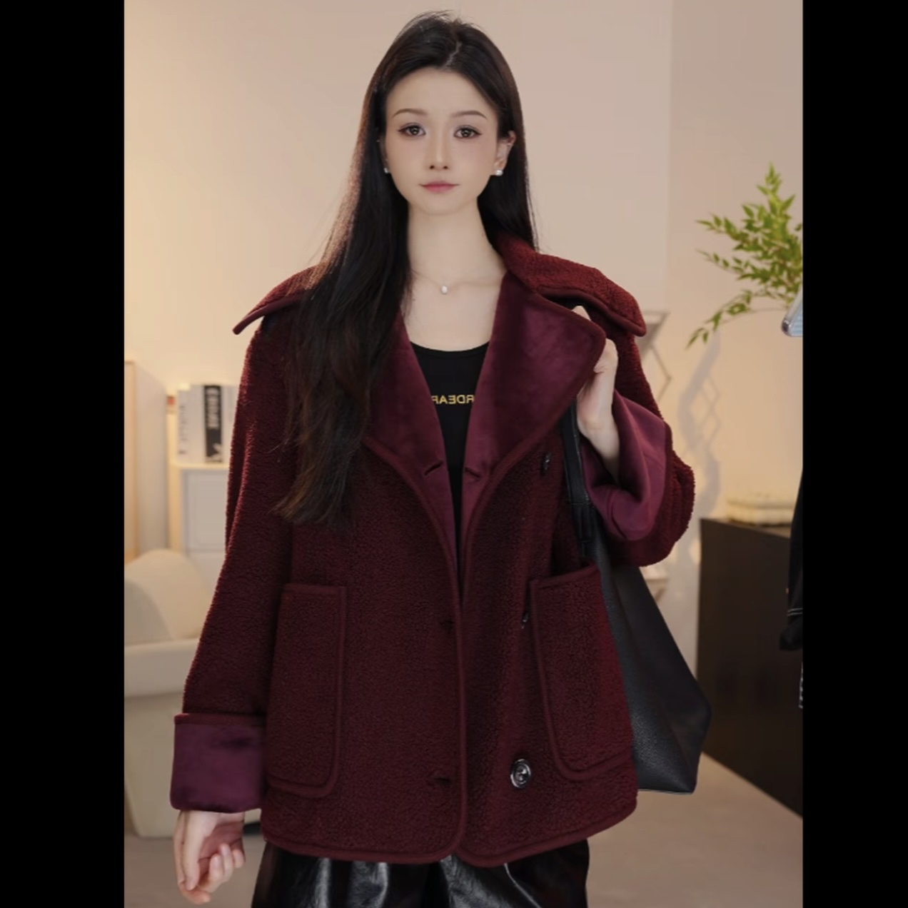 GIRDEAR/哥弟秋冬新款宽松时尚百搭气质外套翻领纯色简约女140069