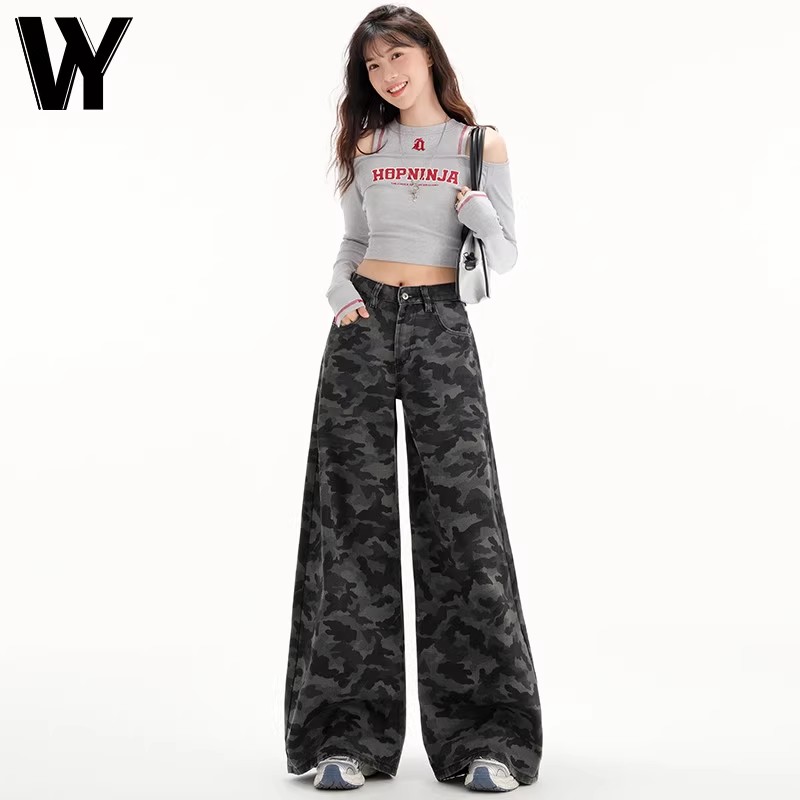 美式高街工装阔腿迷彩牛仔裤女2025春季复古高腰宽松显瘦直筒裤子