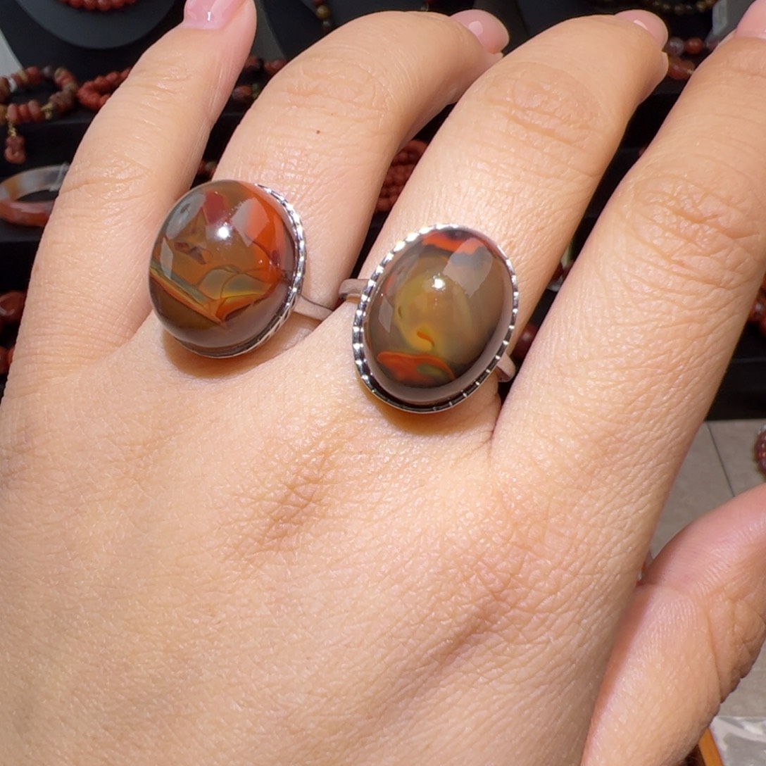 南红玛瑙银S925镶嵌（大山包包浆戒指17-13mm多样性发