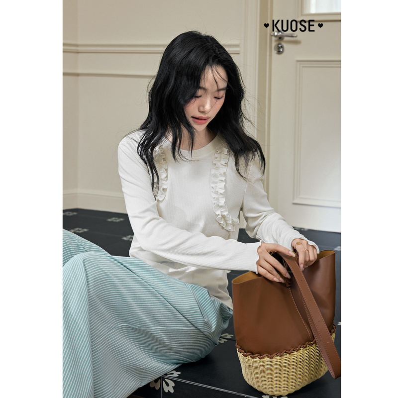 阔色设计感木耳边针织T女2025秋新款法式气质长袖上衣KSD2508002