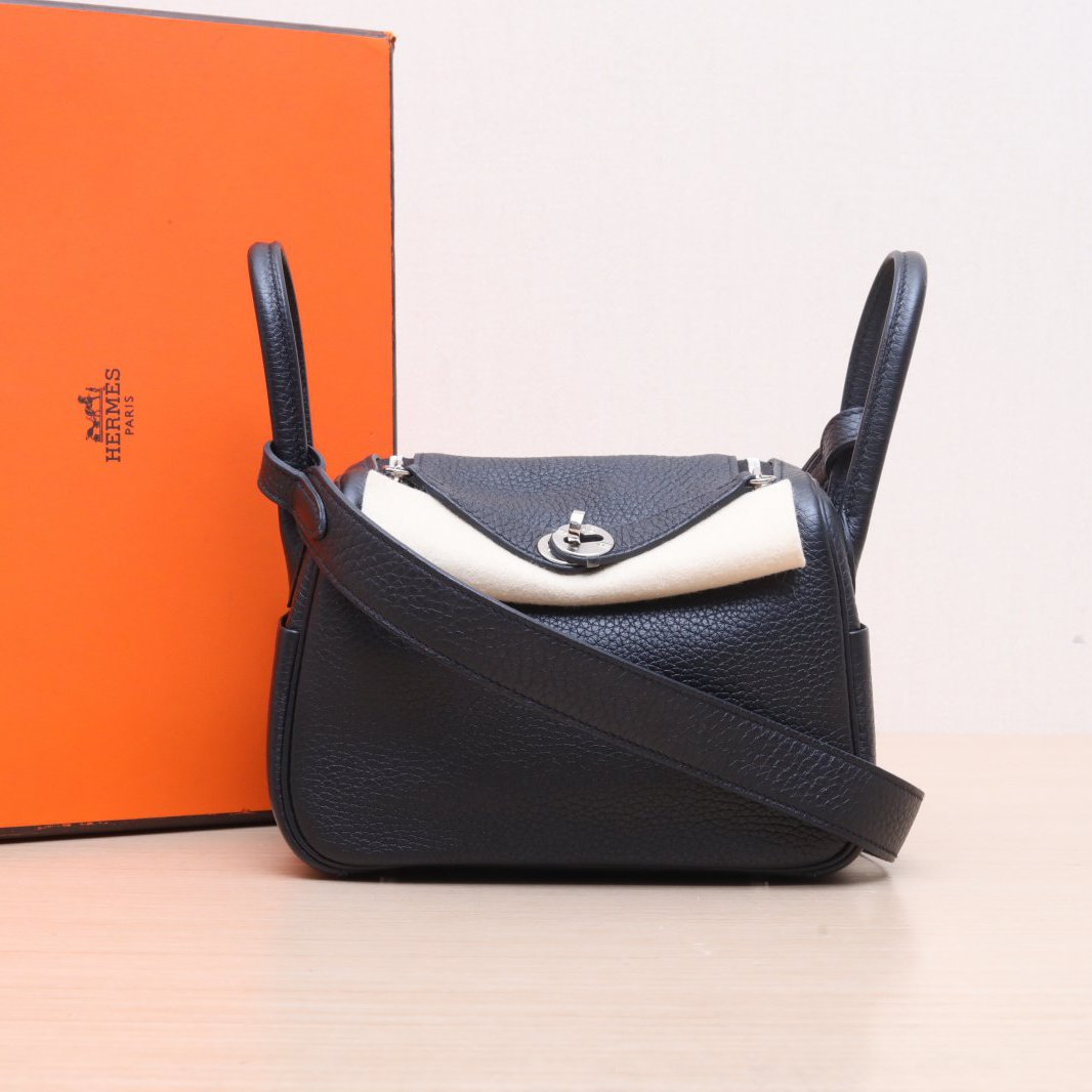99新 Hermes/爱马仕 小花Jerry Lindy Mini 黑色 TC皮 U刻 银扣 
