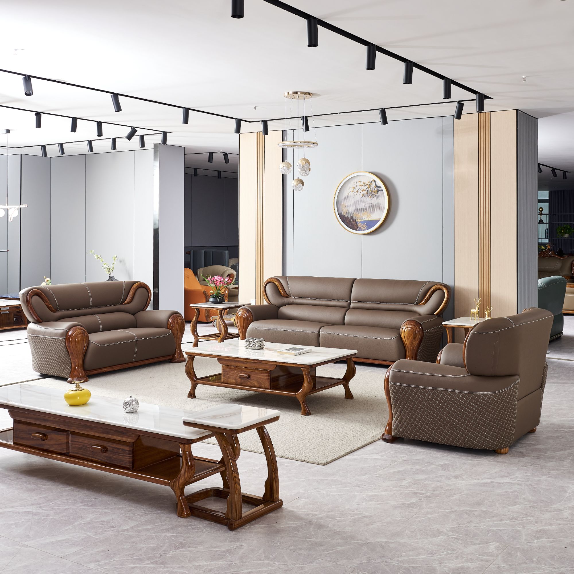 新中式乌金木真皮沙发客厅组合大小户型头层牛皮直排沙发2024新款