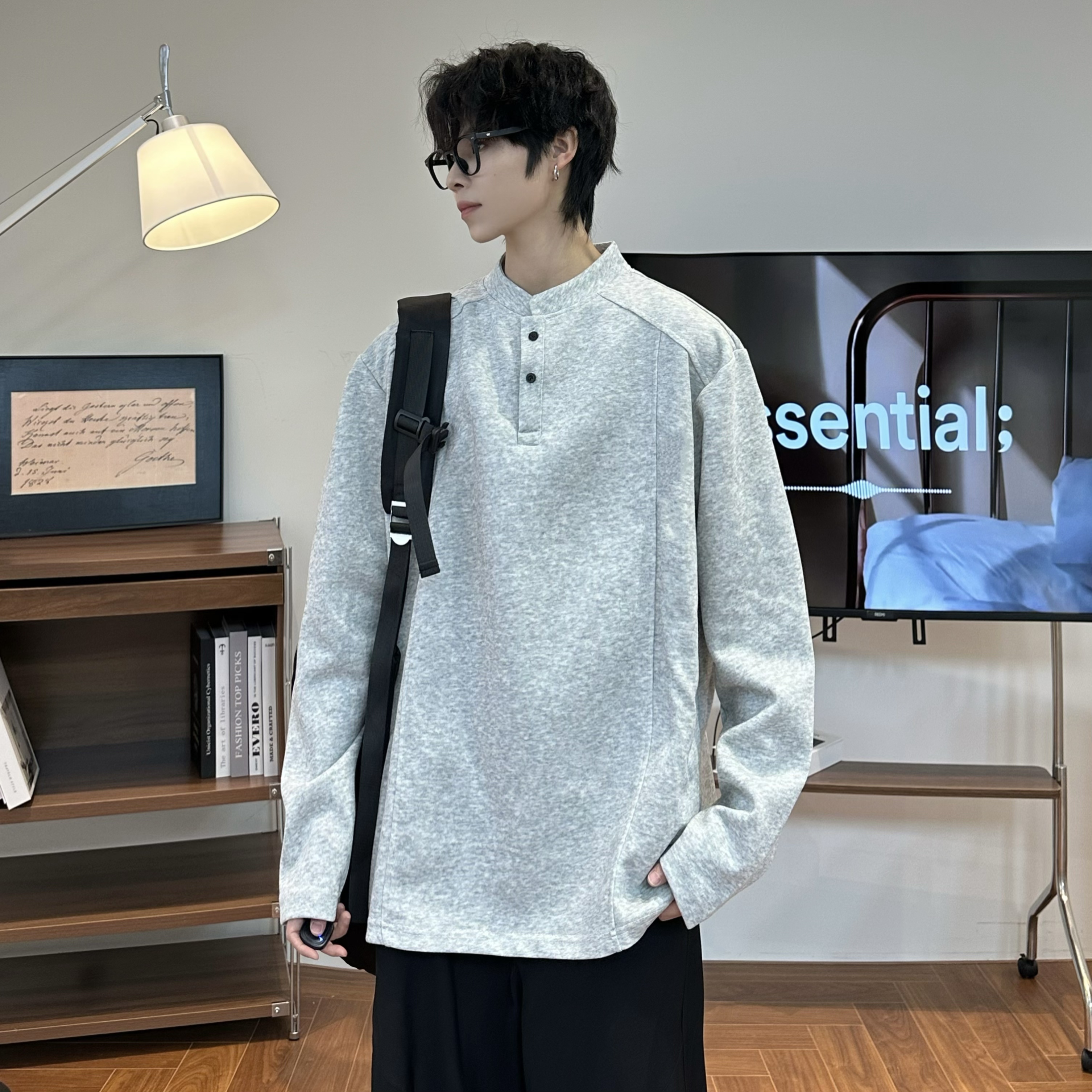 秋季新款立挺感半高领长袖T恤潮男男女同款纯色立领亨利领百搭
