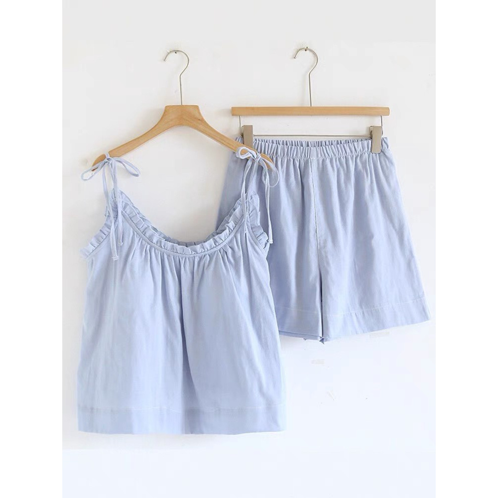 【蓝色幻想】带胸垫纯棉纱布吊带短裤睡衣女夏季薄款可外穿家居服