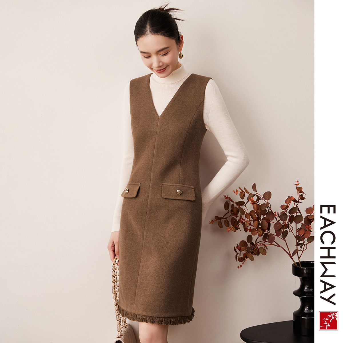 【拼接精编流苏】含羊毛连衣裙2024秋冬高级感小香风背心裙女