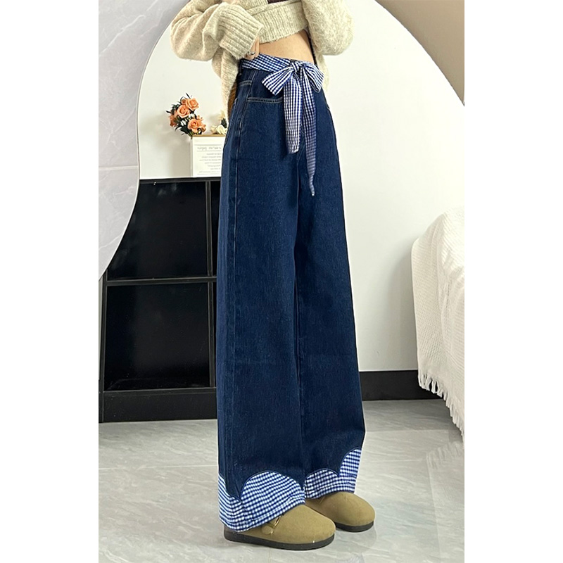 韩系蓝色格子拼接牛仔裤女早春款设计感小众宽松显瘦直筒阔腿长裤