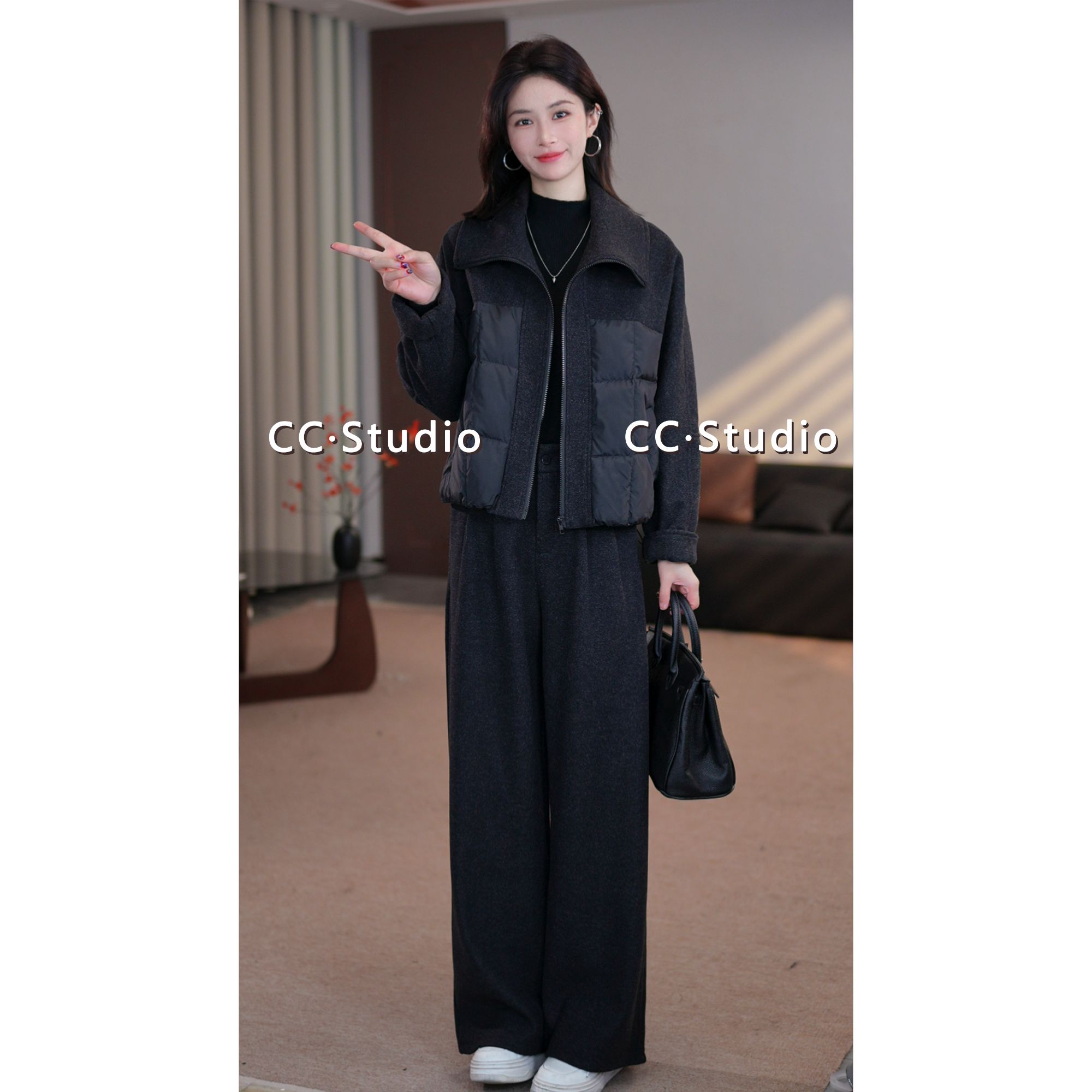 韩系休闲大翻领棉服女款套装2025年冬季新款小个子宽松两件套