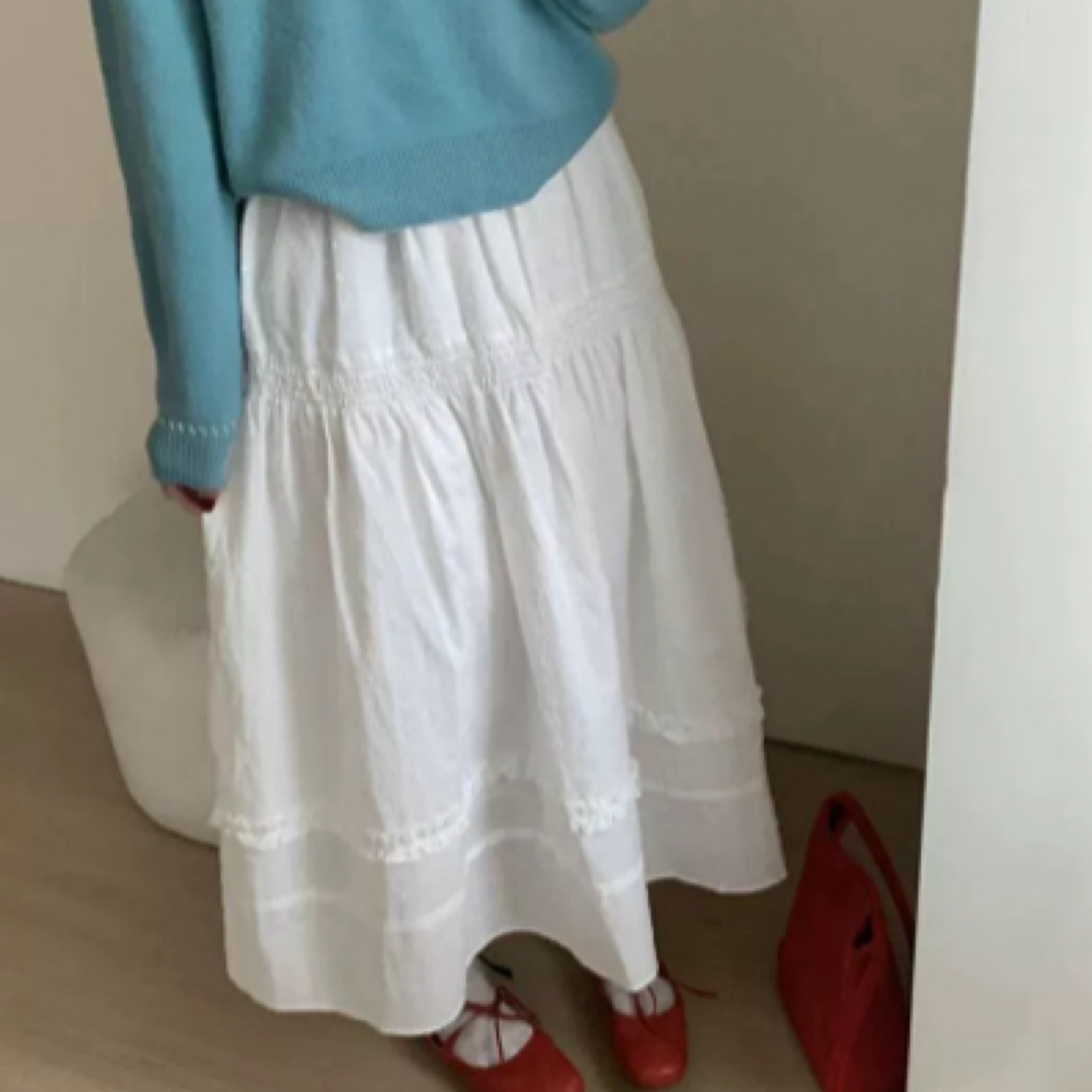 2025春季白色黑色蕾丝A字裙半身裙中长裙松紧腰宽松质感百搭