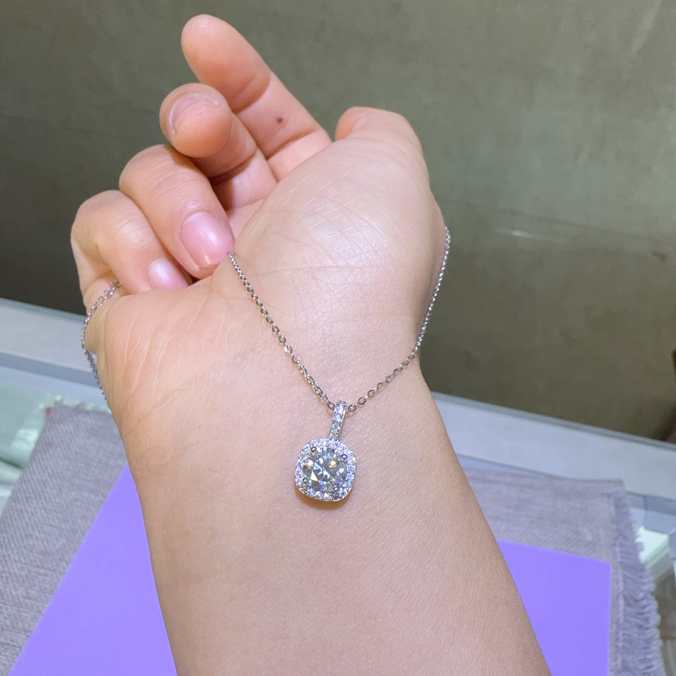 坠链均925银合成锆石 S925银小方糖套链 链子长40+5cm