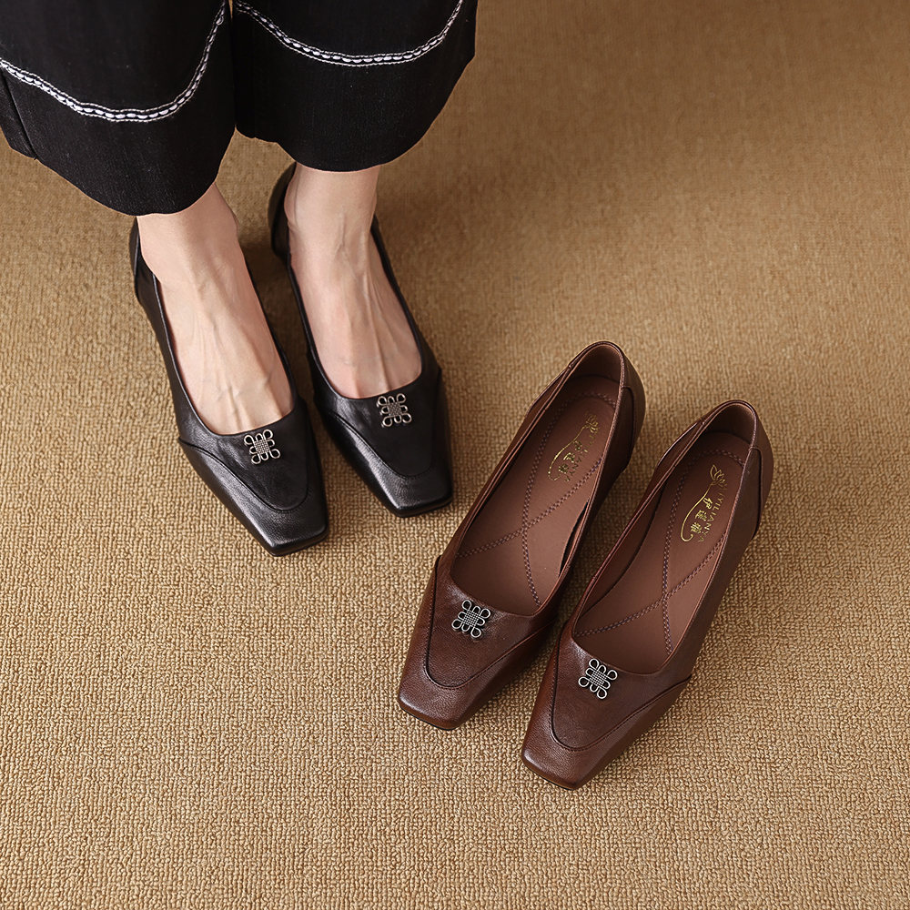 1916-2单鞋女真皮2025春季新款粗跟中跟鞋小方头大码女鞋法式复古