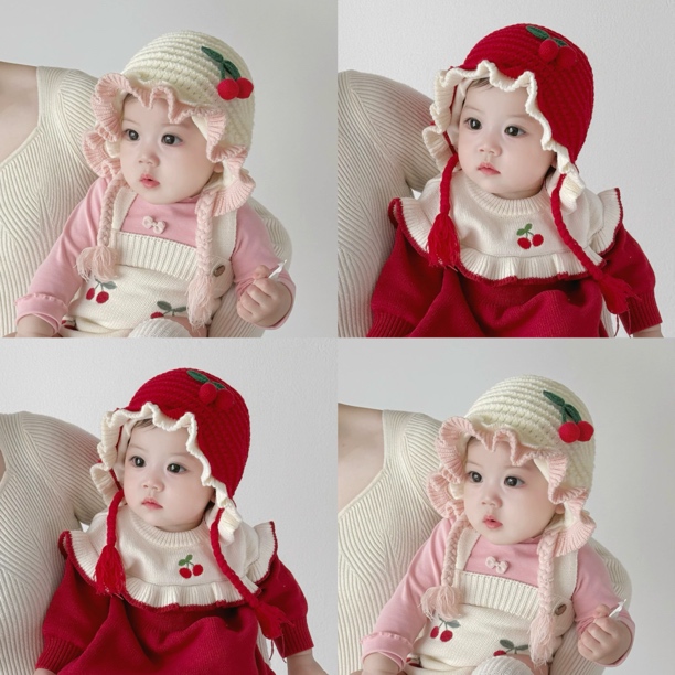 婴儿帽子宝宝可爱系保暖针织帽女童公主风樱桃保暖防风毛线帽子