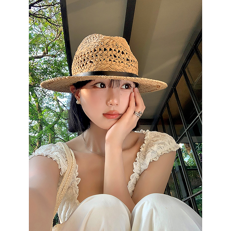  复古拉菲草帽镂空大帽檐遮阳帽男女爵士帽巴拿马帽礼帽