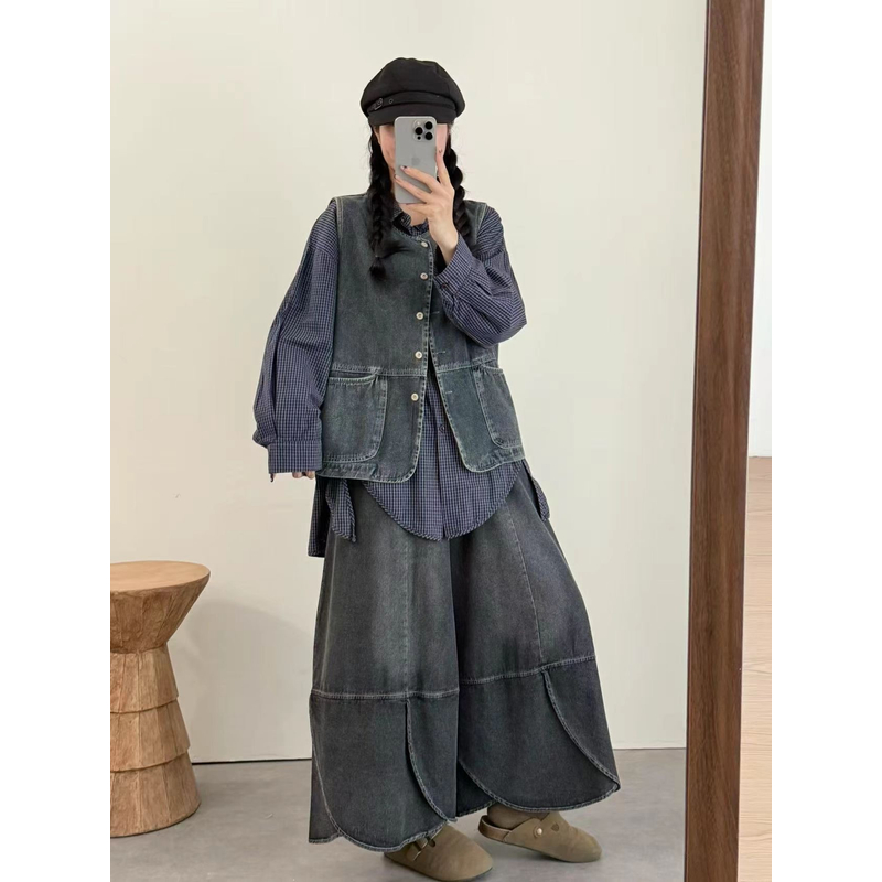 马夹日系女马甲纯色做旧秋季马甲套装韩版秋季洋气
