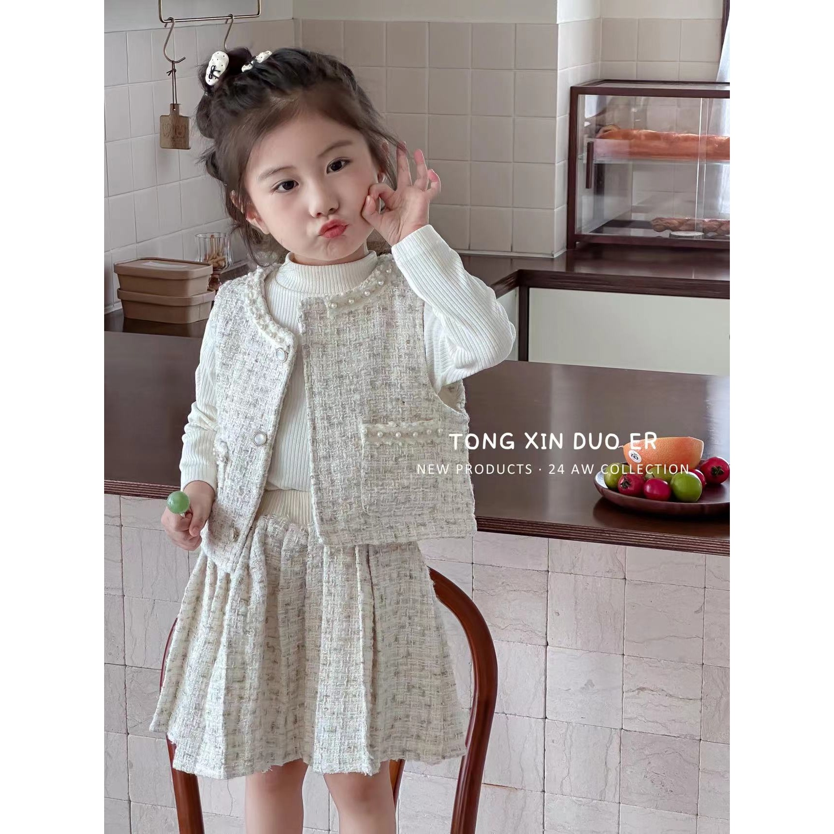 TX-6085- 儿童韩系百搭重工小香风三件套套装（春款）