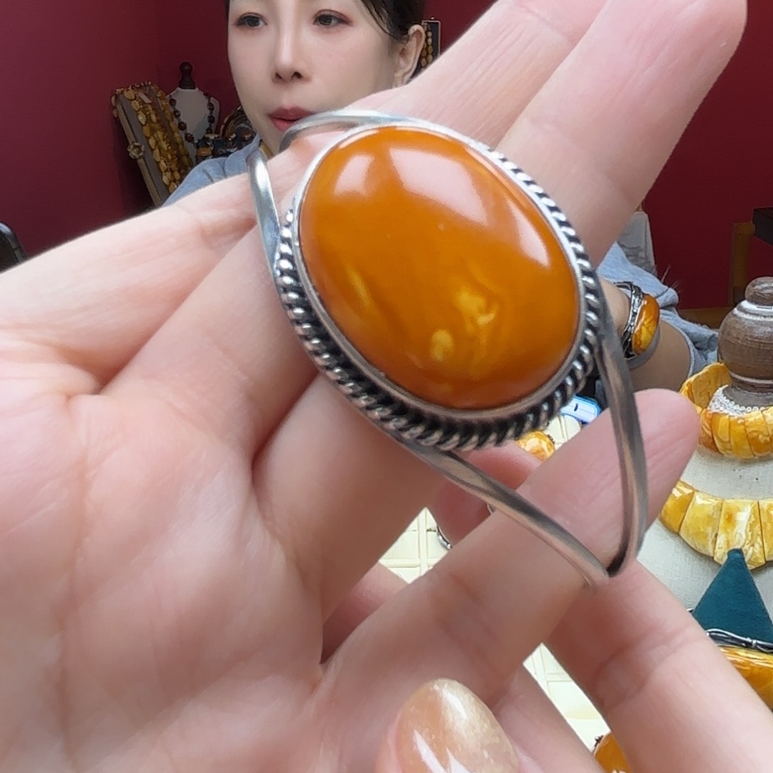 琥珀裸石银S925镶嵌25手镯