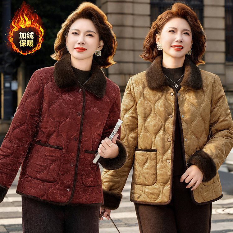妈妈冬装加绒加厚毛领棉服喜婆婆气质优雅妈妈保暖棉衣