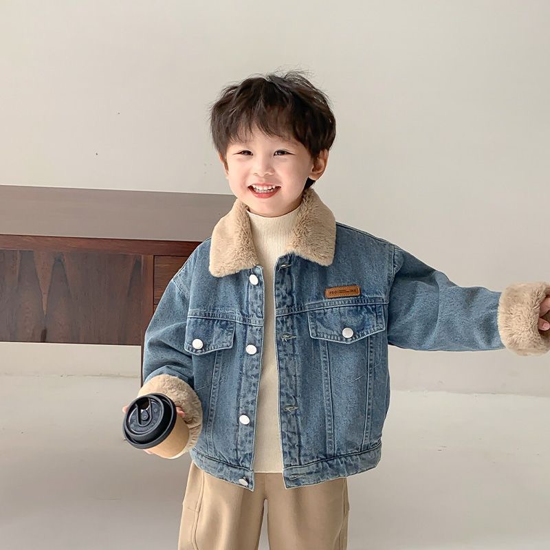 男童牛仔外套儿童秋冬加绒衣服新款宝宝冬季加厚中小童仿兔绒