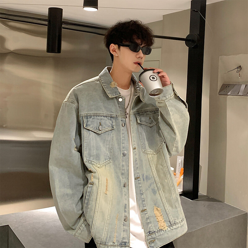 破洞牛仔夹克男春秋水洗做旧美式复古oversize高街潮牌情侣装外套