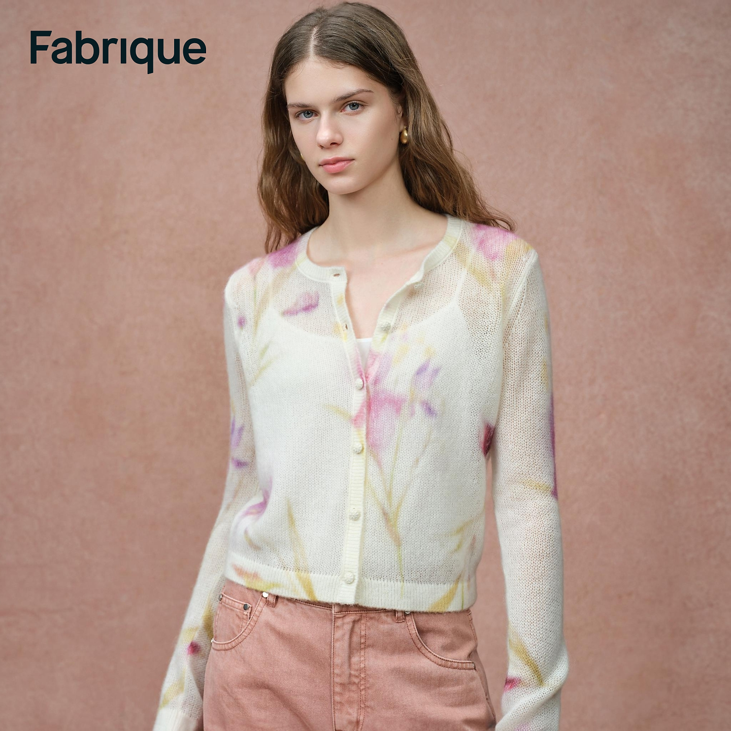 Fabrique Irida 早春手绘鸢尾印花绵羊毛马海毛微透圆领针织开衫
