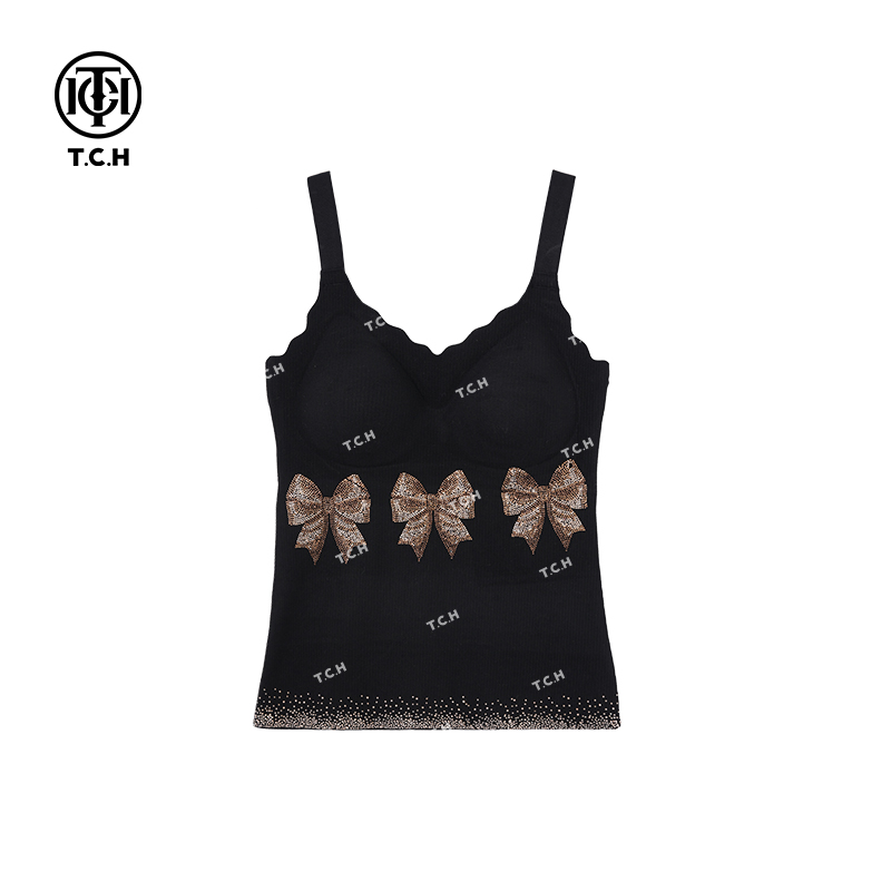 私服-TCH蝴蝶结洋气烫钻带杯垫吊带背心T75A03E5001