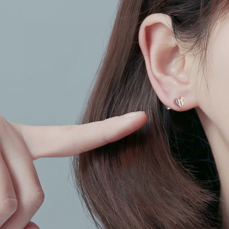 足银珐琅耳饰 日韩彩虹爱心耳钉设计感小众精致迷你ins小巧耳饰