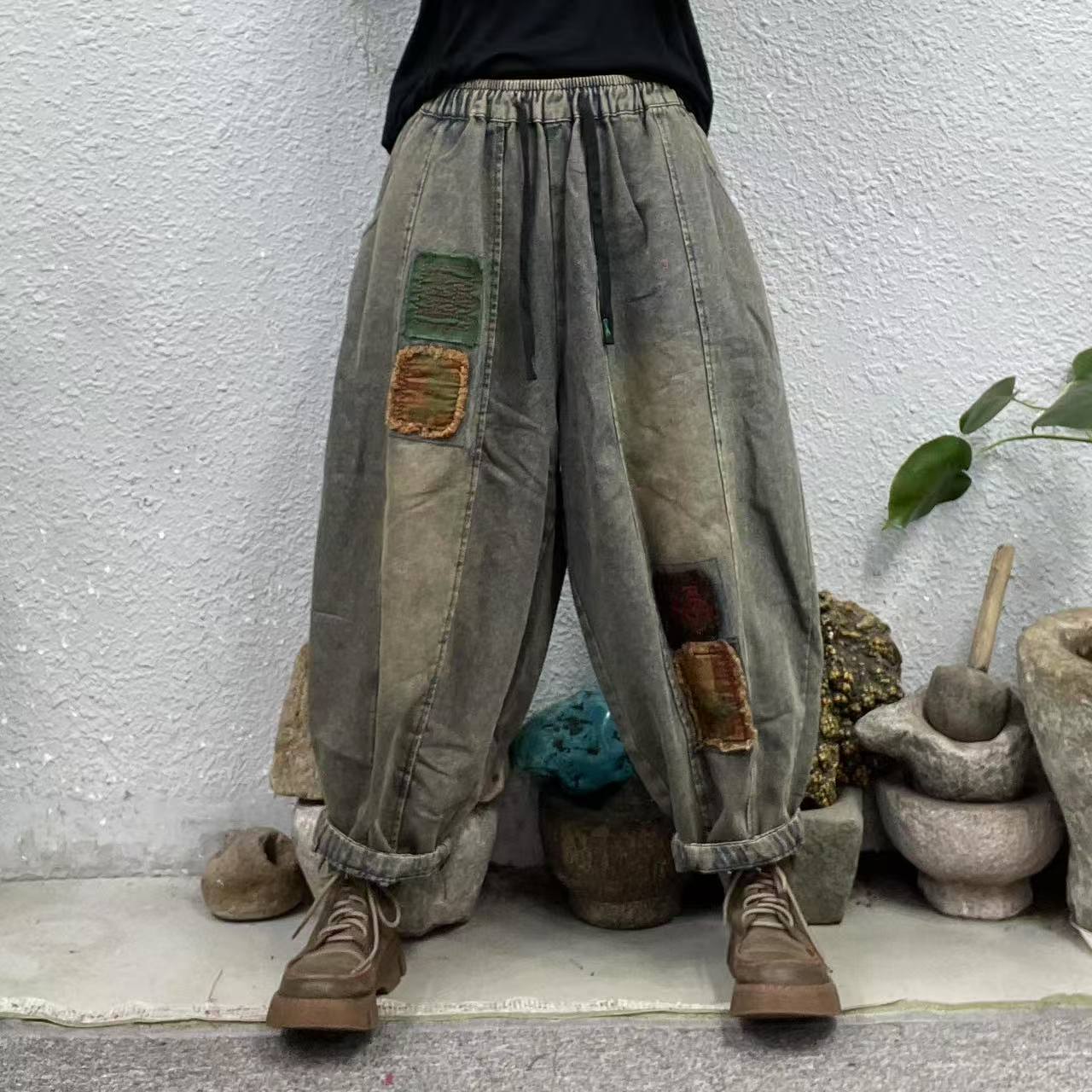 2527秋款红绿贴布绣福绣花12片炒色南瓜牛仔裤（长88臀围140脚口44