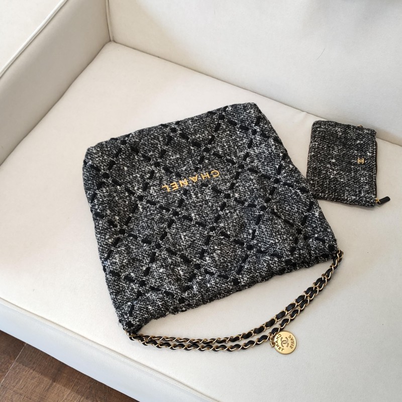 95新 Chanel/香奈儿 Azul-22K黑白粗花呢22bag中号单肩包52204