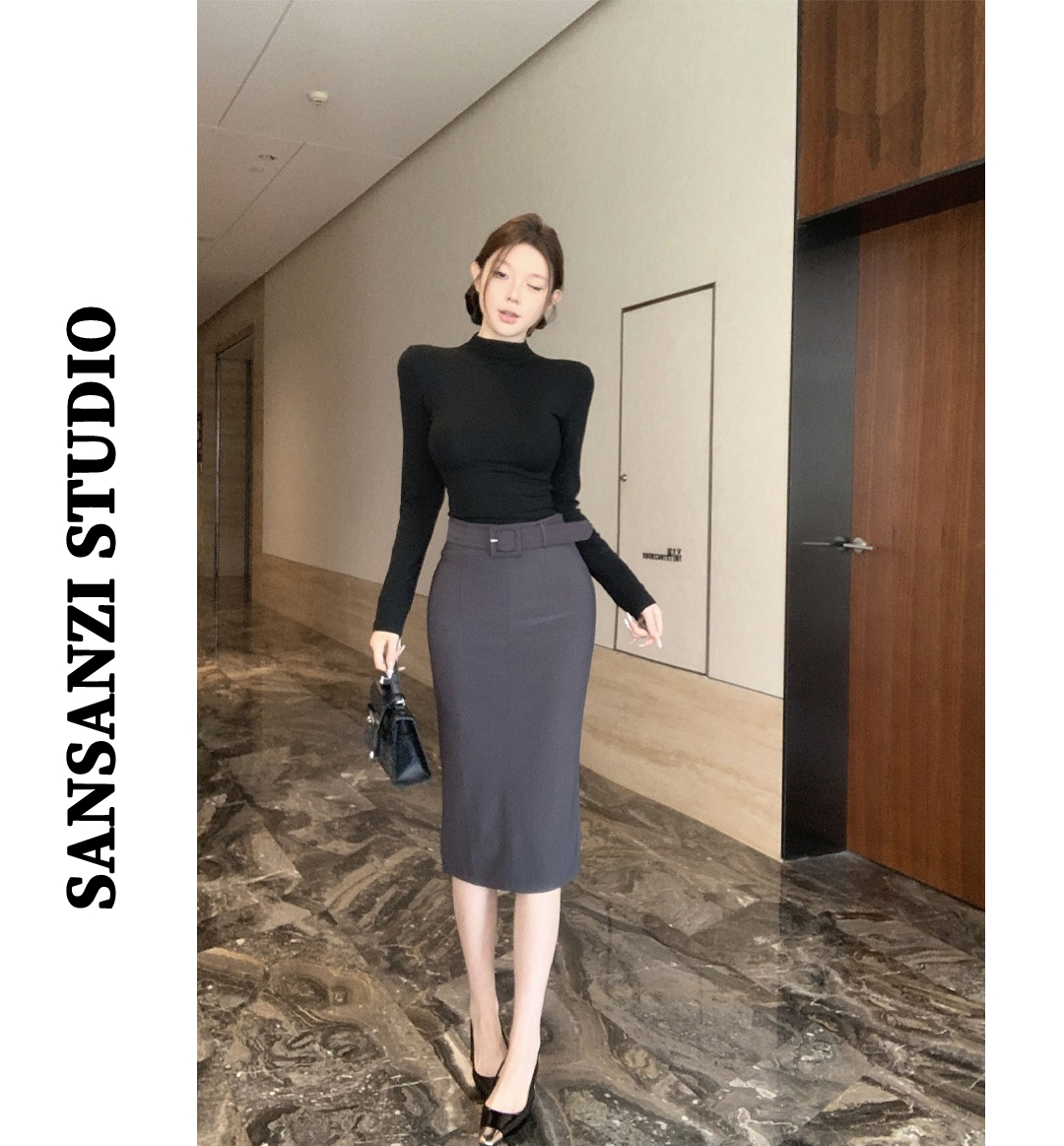 SANSANZI极简风半高领长袖打底衫T恤女秋冬修身包臀半身裙两件套