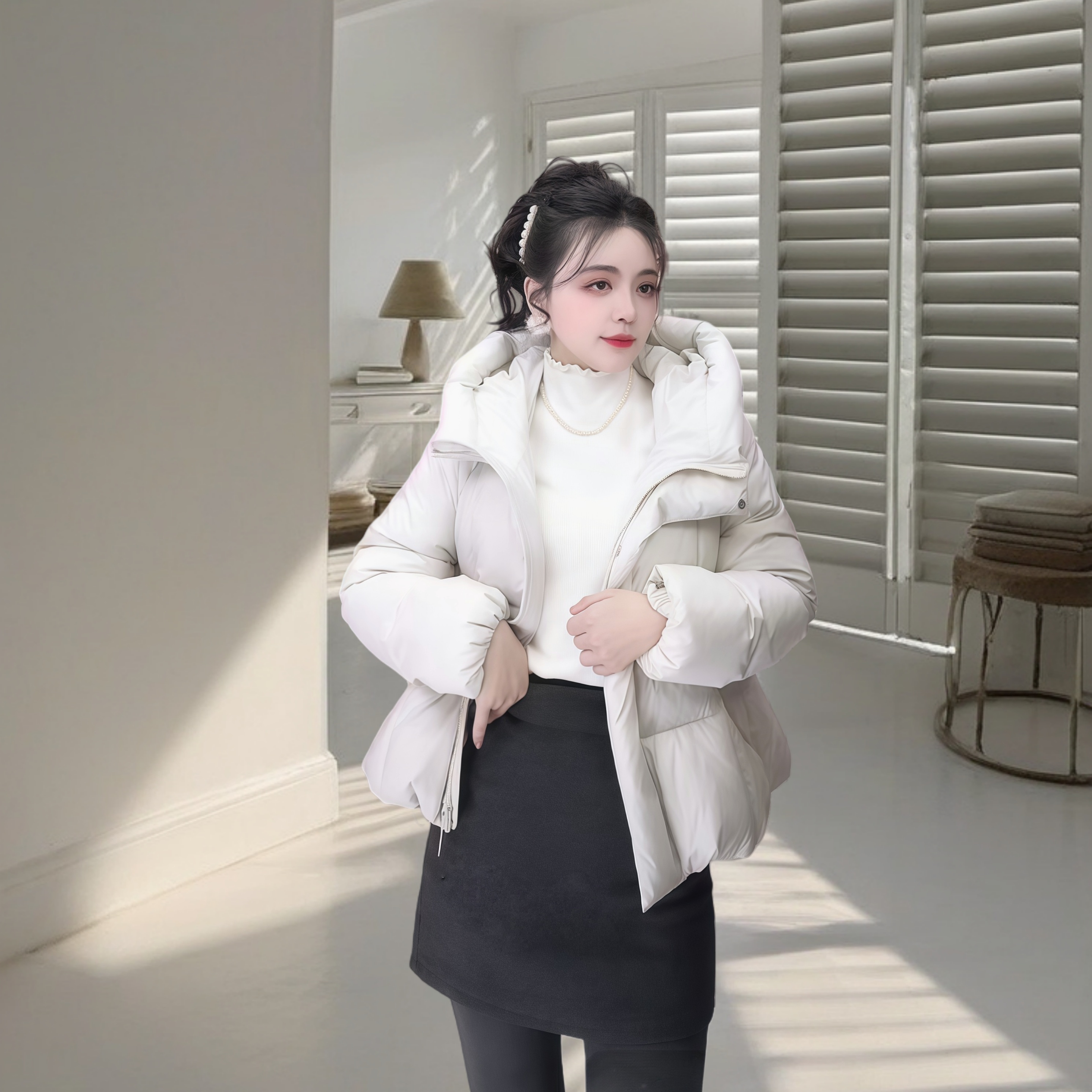 2025新款时尚短款韩版鹅绒服女冬季休闲百搭保暖纯色90白鹅羽绒服