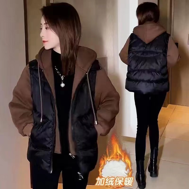 爆款2025冬季新款连帽宽松假两件棉服女短款加厚棉衣女士棉袄外套