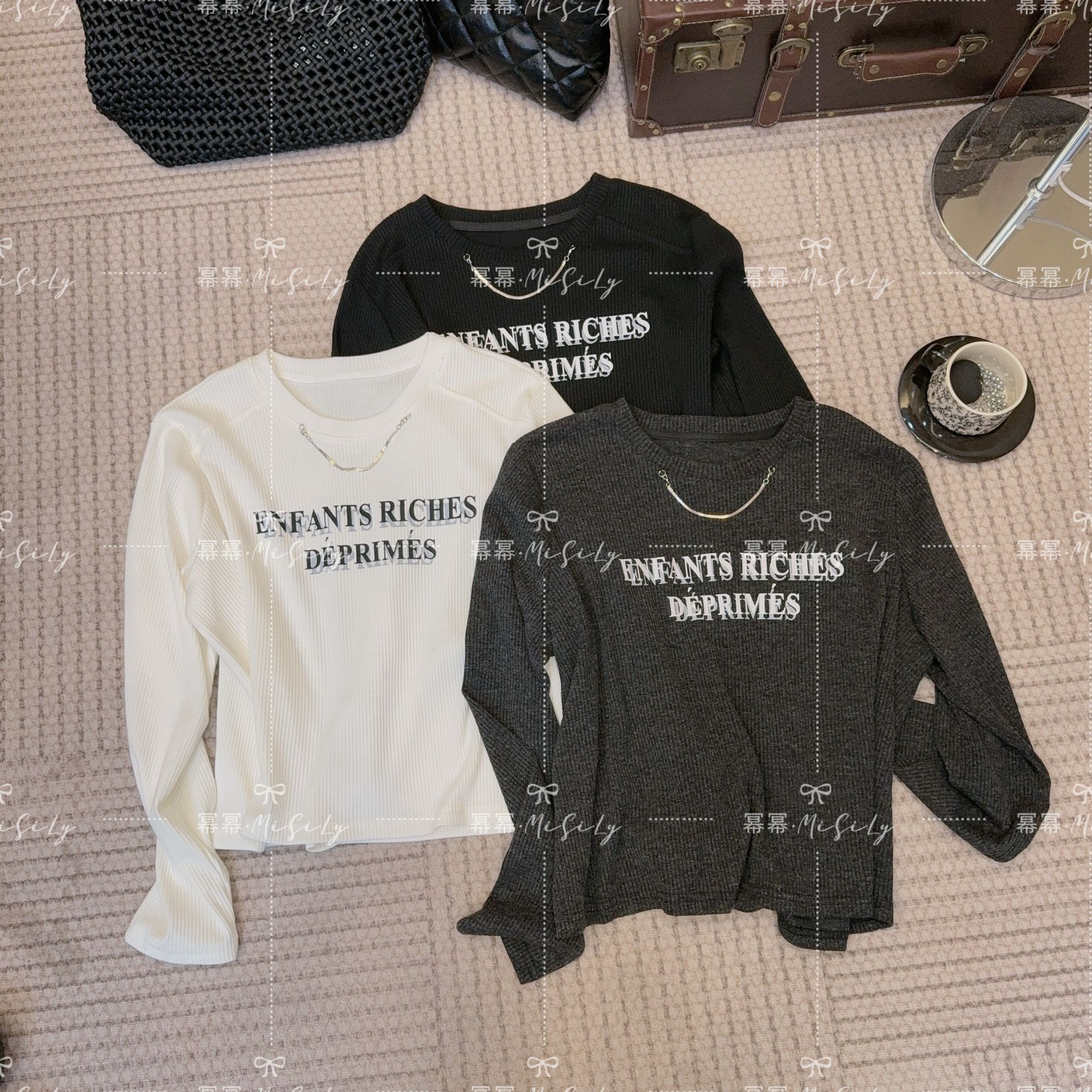 【字母坑条】2025秋季新款女洋气显瘦休闲字母印花长袖针织坑条T