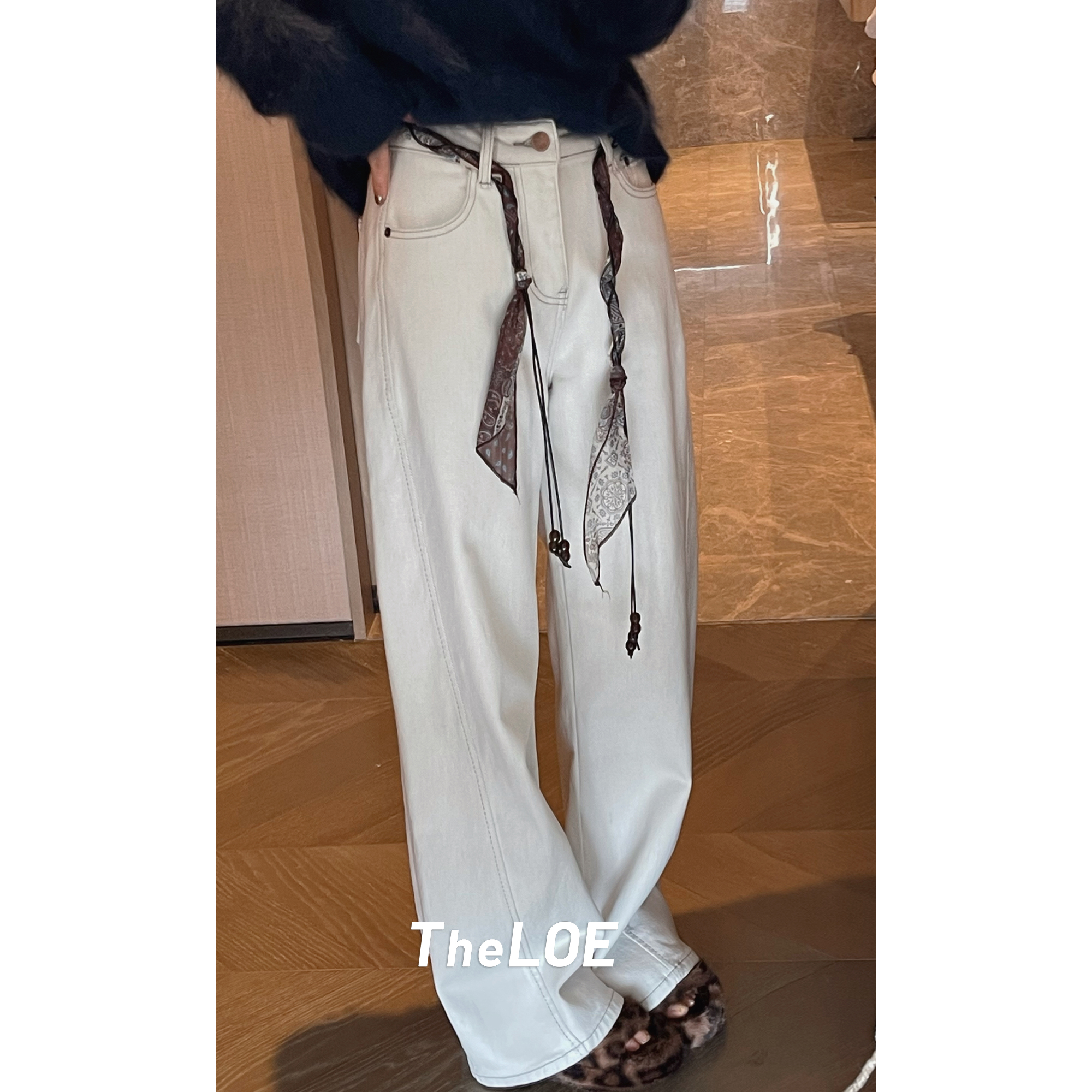 TheLOE/棉质高腰显瘦显瘦系带配丝巾直筒阔腿牛仔裤#LE-D7661